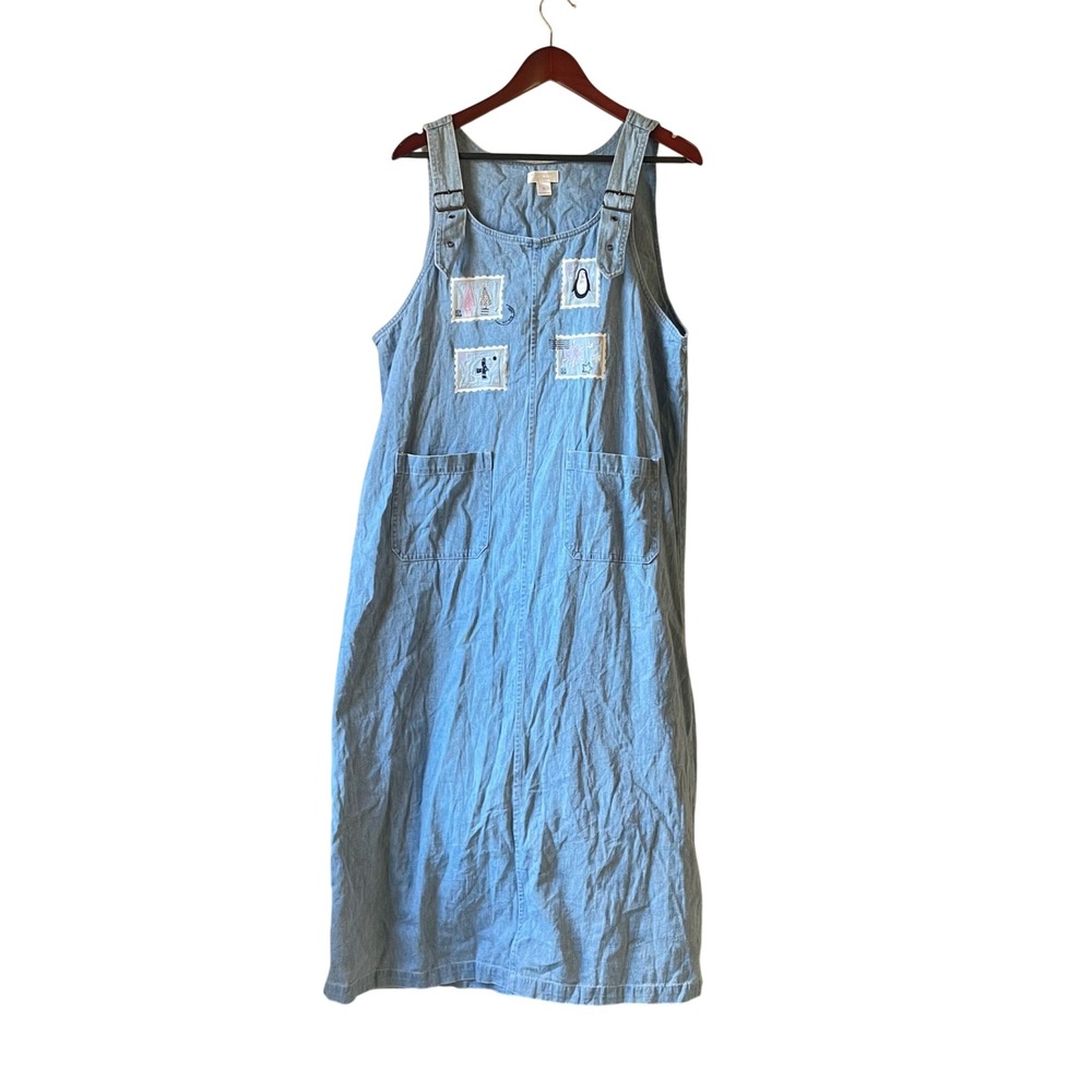 Vintage Christmas Denim Maxi Overall‎ Dress Women XL Stamp Holiday embroidered